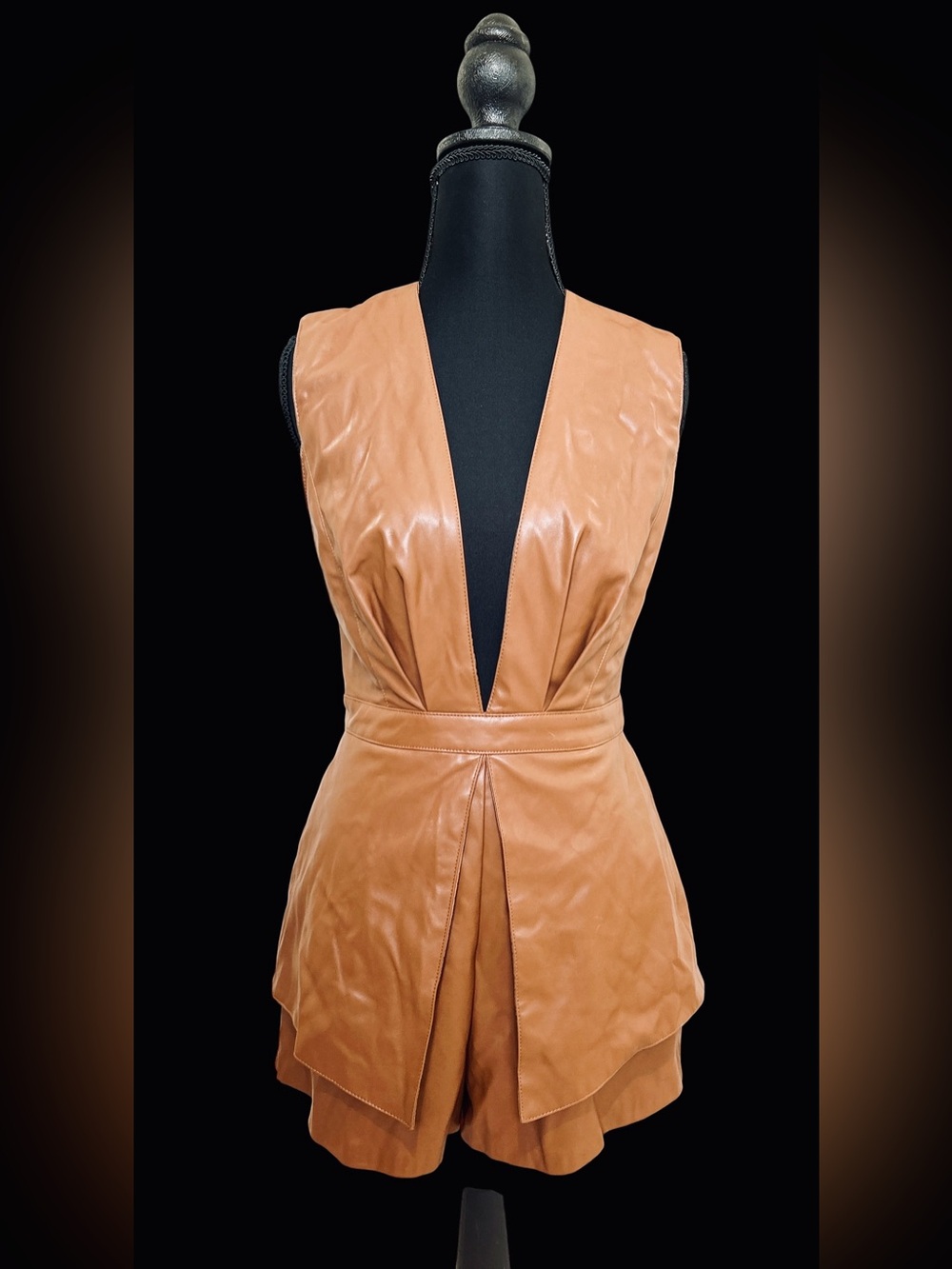 DO+BE Faux Leather Deep V-Neck Peplum Romper Cognac Brown Size Small